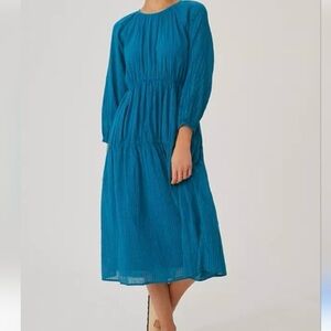 Sundry Teal Long Sleeve Flowy Midi Tiered Dress Subtle Stripes Boho Feminine
